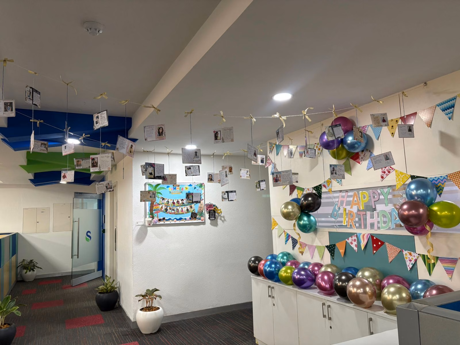 Office Birthday Decorations with Happy Birthday Banner and Balloons