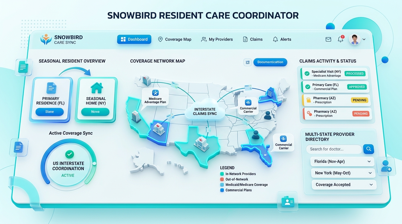 Snowbird resident care coordinator and US interstate multi-state insurance claims network map